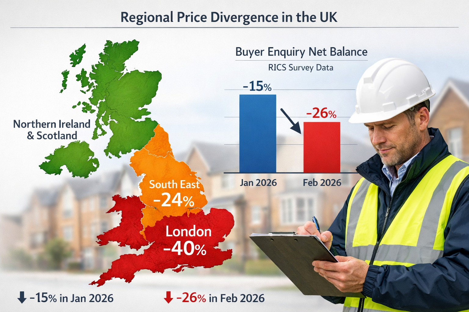 Wide-angle editorial infographic visualization showing a UK map with color-coded regional price divergence heat map: deep