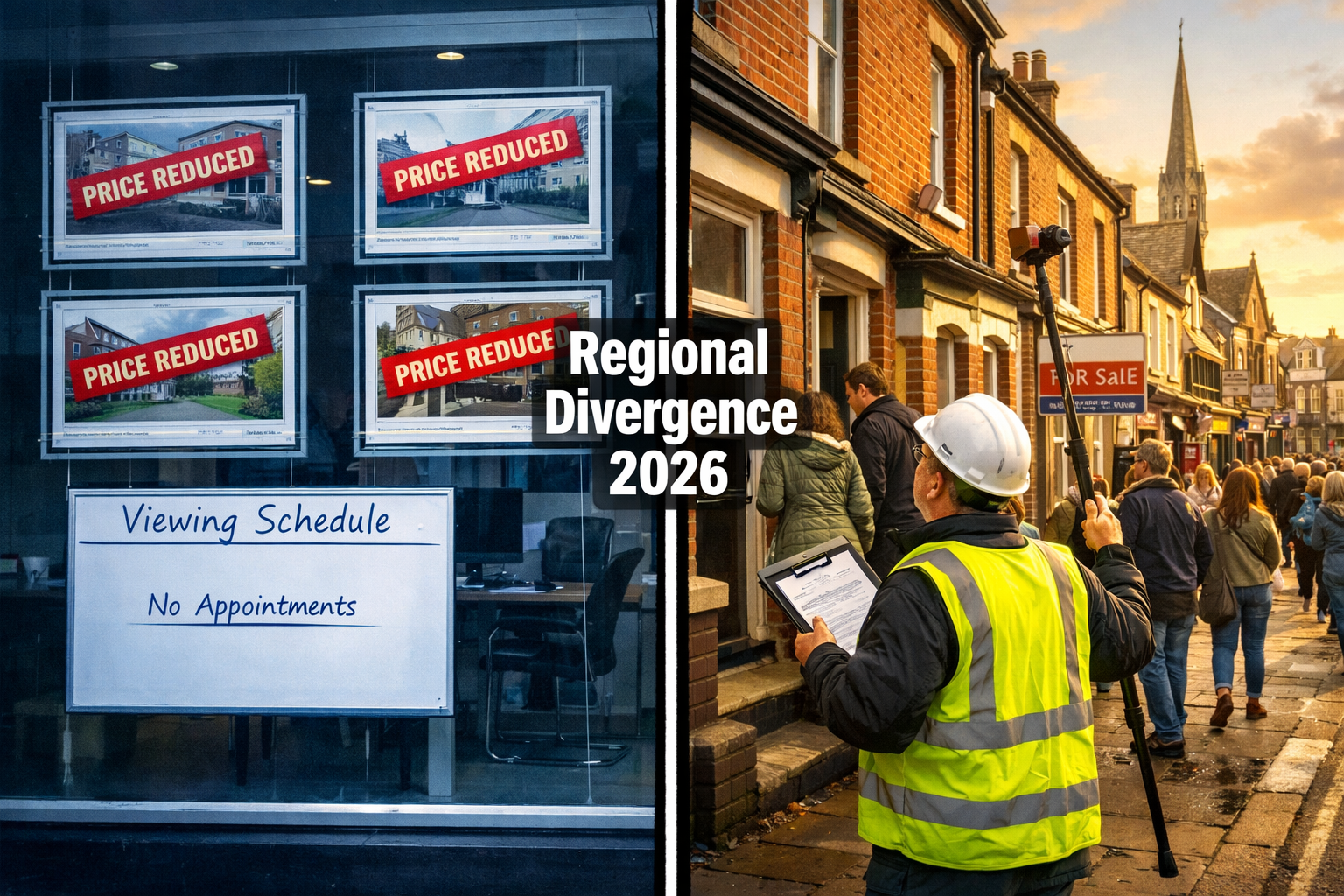 Dynamic split-composition image showing two contrasting UK property market scenarios side by side: left panel depicts a