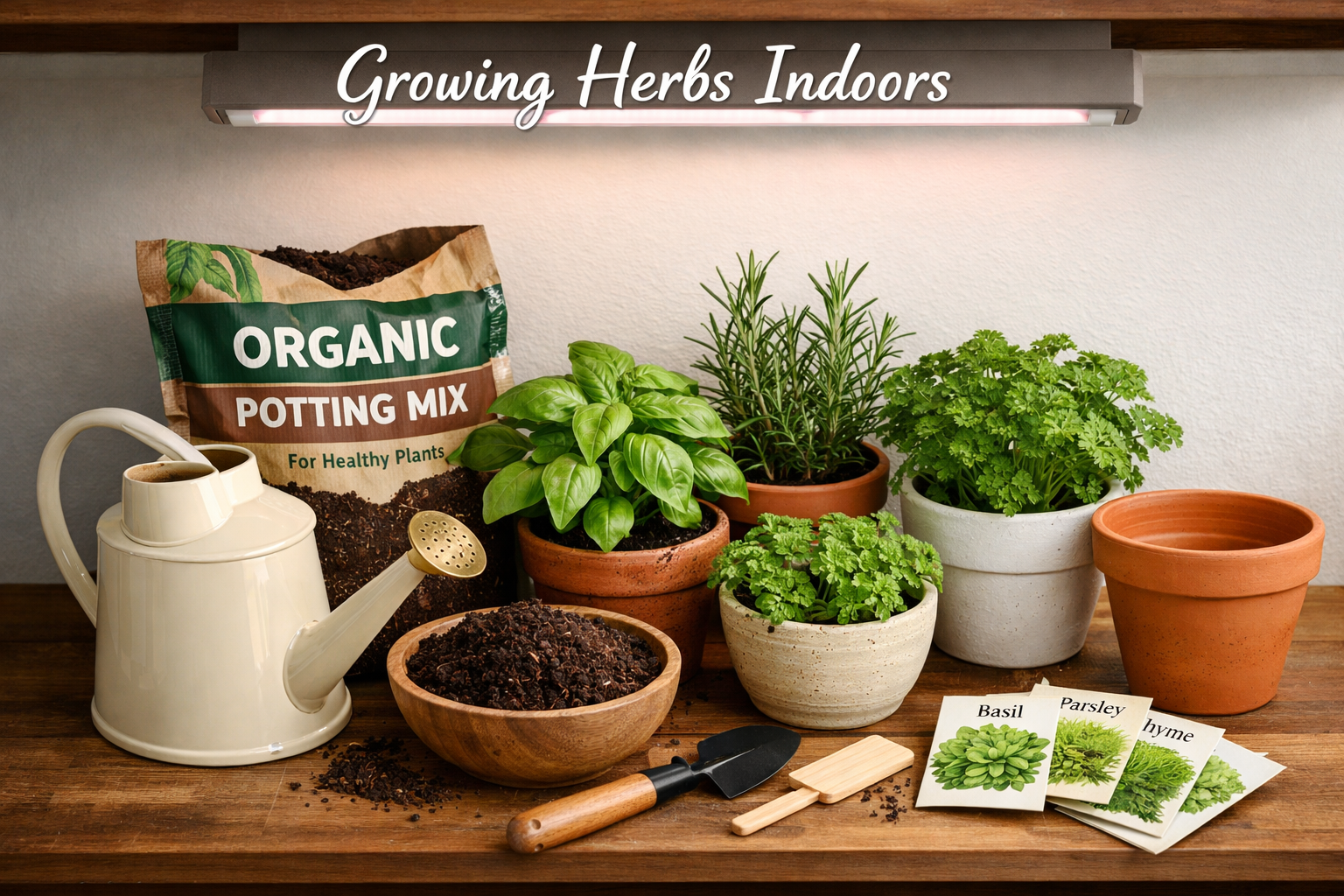 Detailed landscape format (1536x1024) image showcasing essential tools and supplies for indoor herb growing. This includes a close-up of a s