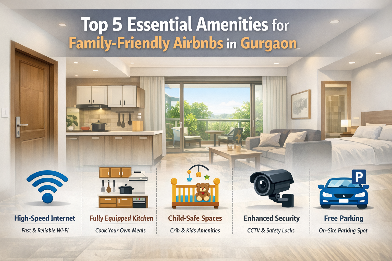 A visually engaging infographic in () illustrating the 'Top 5 Essential Amenities for Family-Friendly Airbnbs in Gurgaon'.