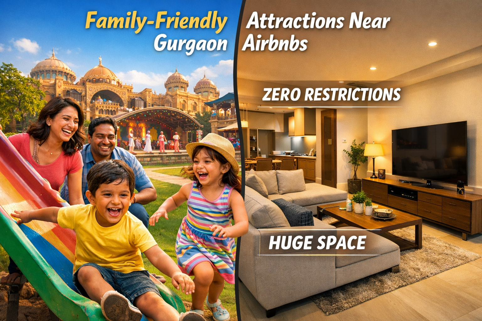 A dynamic, split-screen () image showcasing 'Family-Friendly Attractions Near Gurgaon Airbnbs'. On one side, a vibrant
