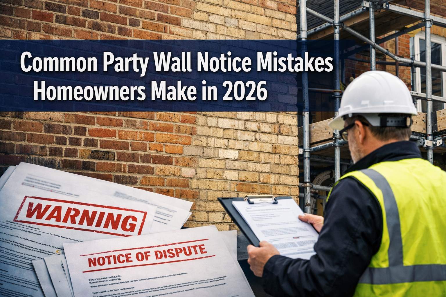 Professional () hero image featuring 'Common Party Wall Notice Mistakes Homeowners Make in 2026' in extra large white with