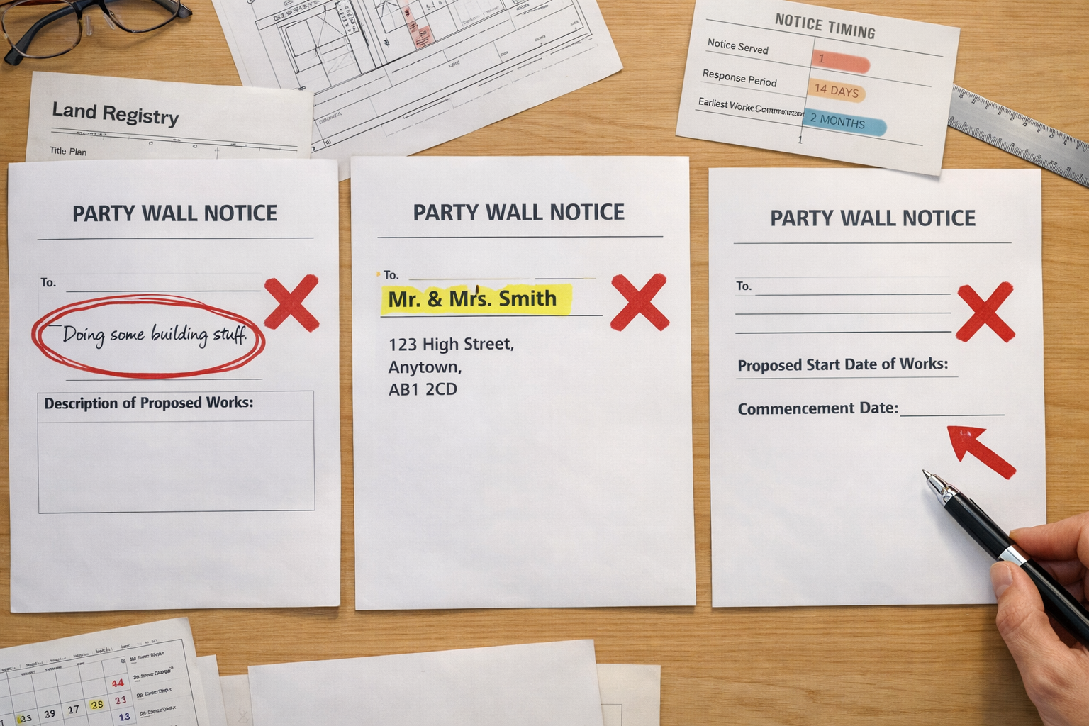() editorial image showing three distinct official party wall notice documents laid out on architect's desk, each marked