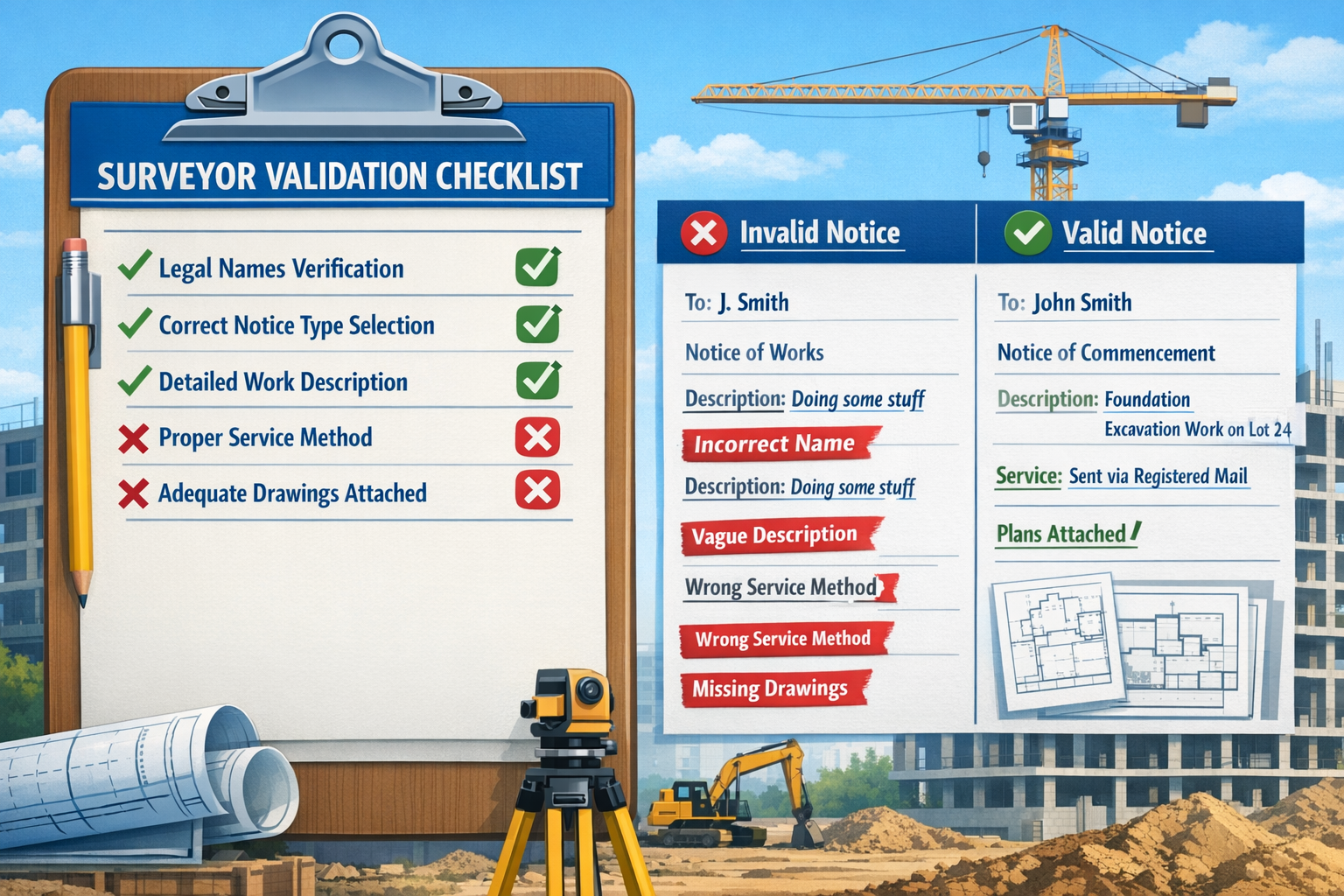 () detailed infographic-style image displaying surveyor validation checklist on clipboard against background of construction