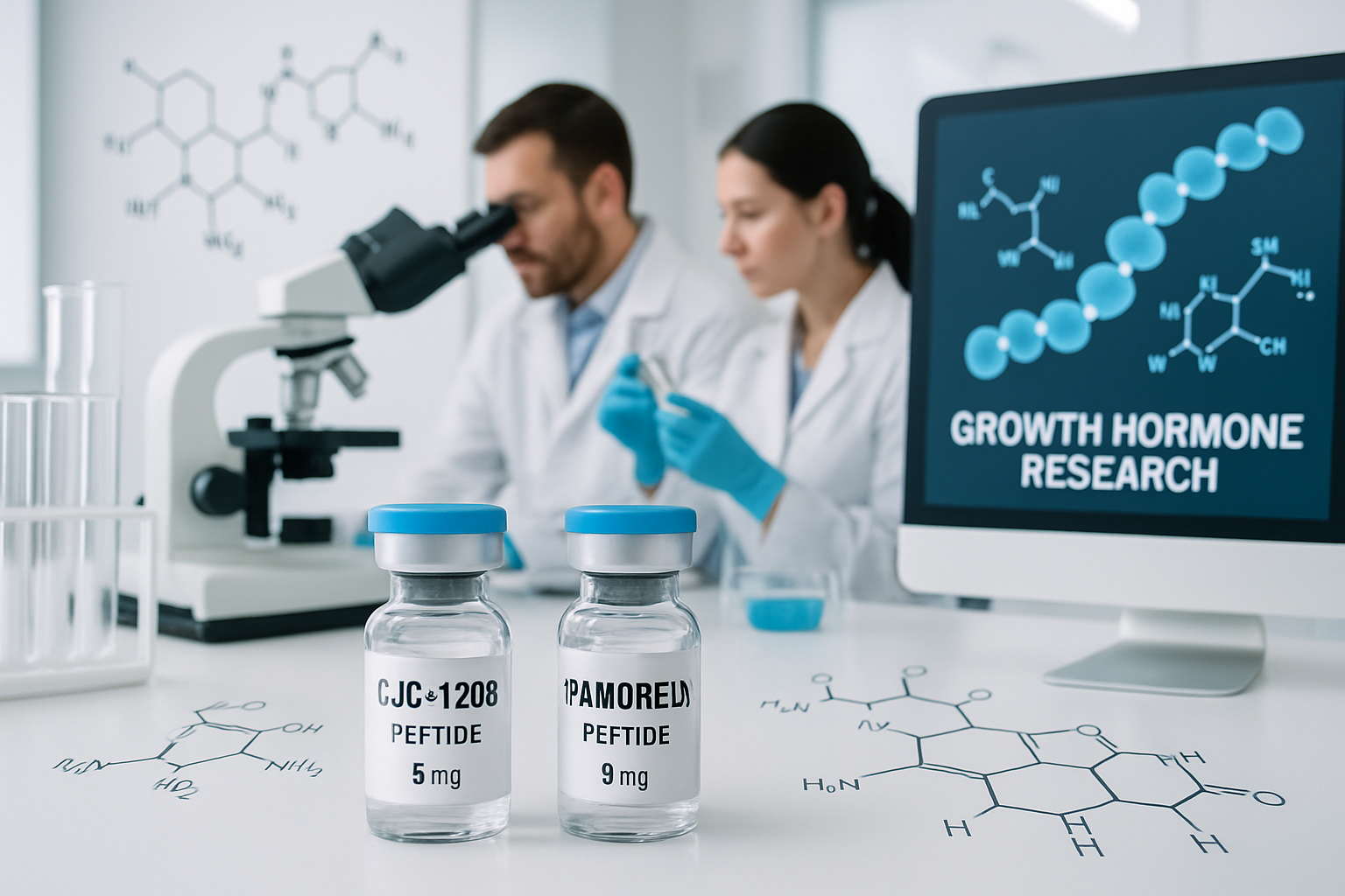 Scientific laboratory scene showing CJC-1295 and Ipamorelin peptide vials with molecular structure diagrams, research equipment including mi