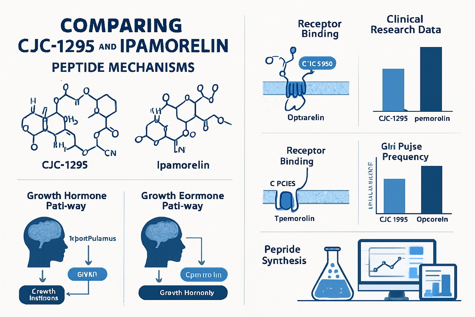 Detailed infographic comparing CJC-1295 and Ipamorelin peptide mechanisms, side-by-side molecular structures, growth hormone pathway diagram