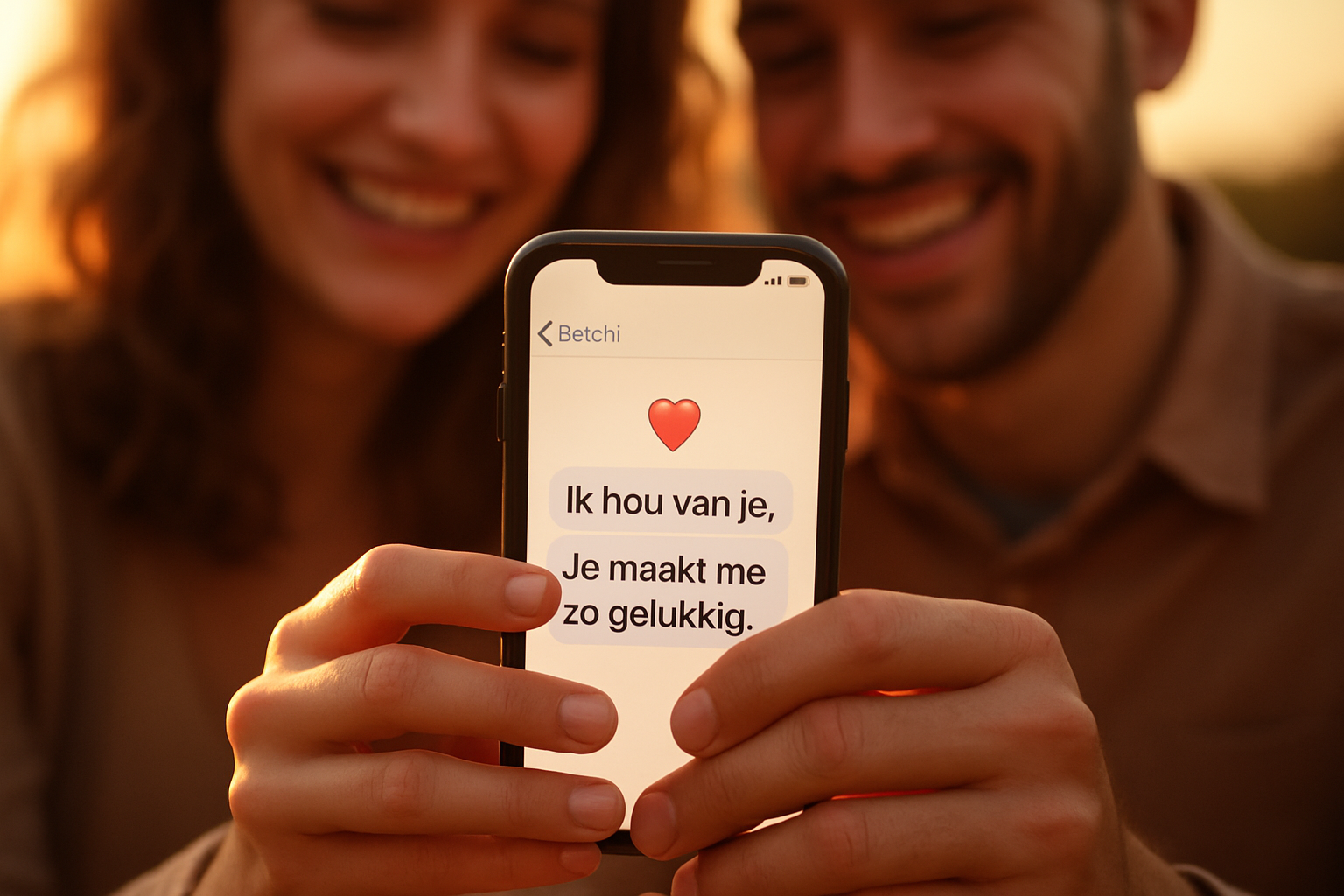 Intimate scene showing couple's hands holding smartphone together reading romantic message, warm golden hour lighting, genuine smiles visibl