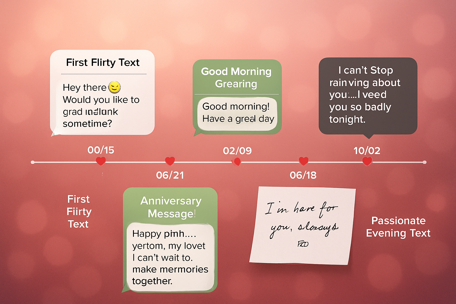 Creative composition showing timeline of relationship through love messages: first flirty text, anniversary message, good morning greeting, 