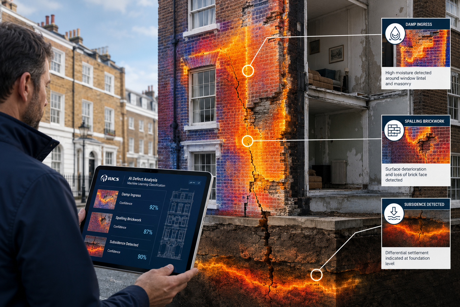 Wide () editorial illustration showing a cross-section view of a traditional UK brick building facade with AI-powered