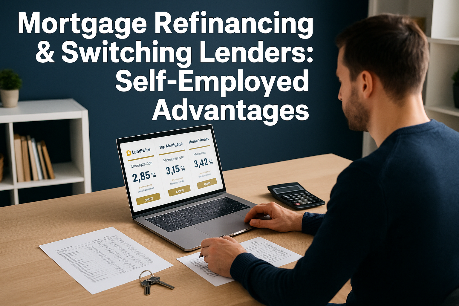 Professional landscape hero image (1536x1024) featuring bold text overlay 'Mortgage Refinancing & Switching Lenders: Self-Employed Advantage