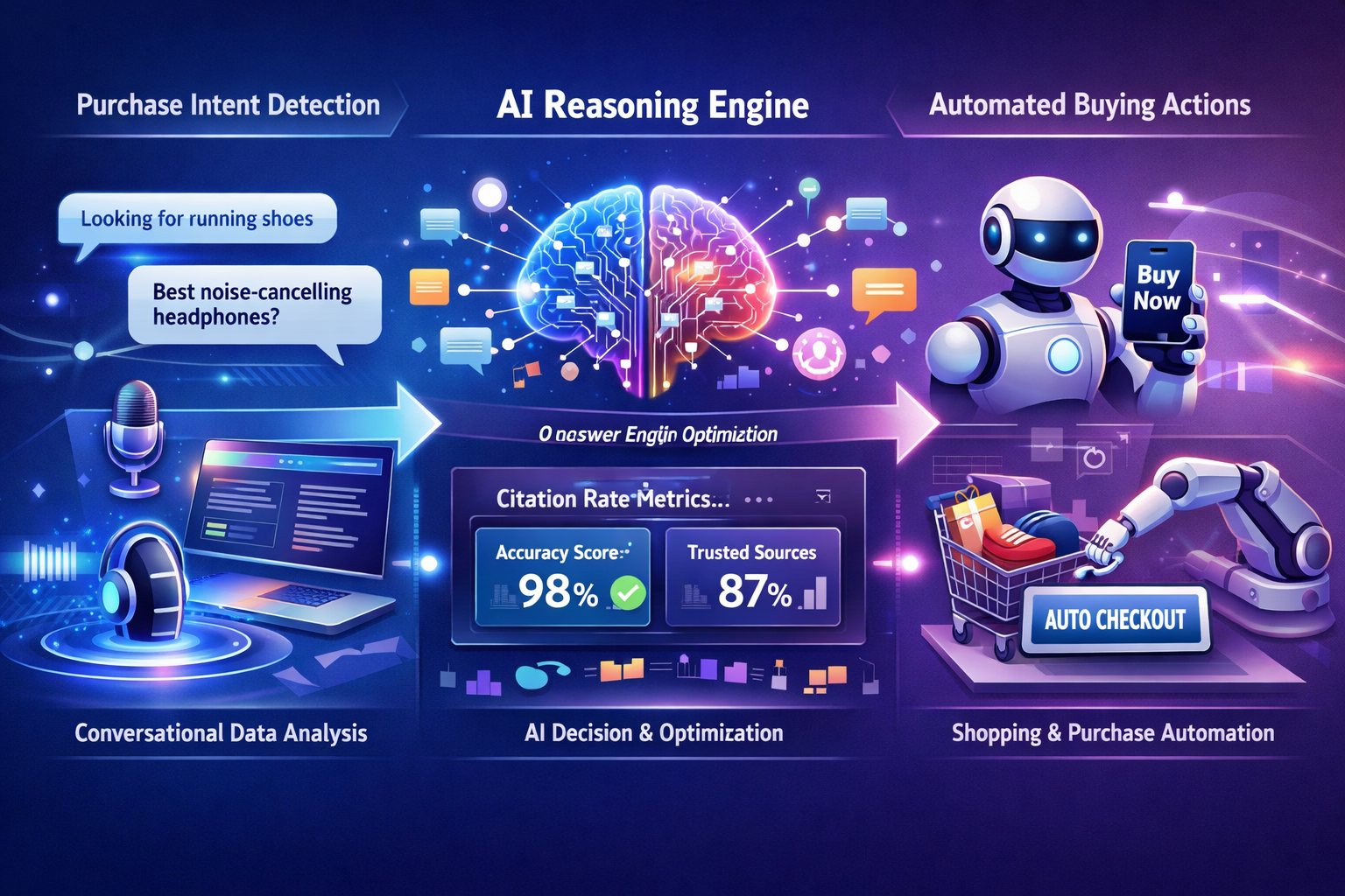 Detailed landscape format (1536x1024) illustration showing autonomous AI agents orchestrating end-to-end customer journeys with visual flow 