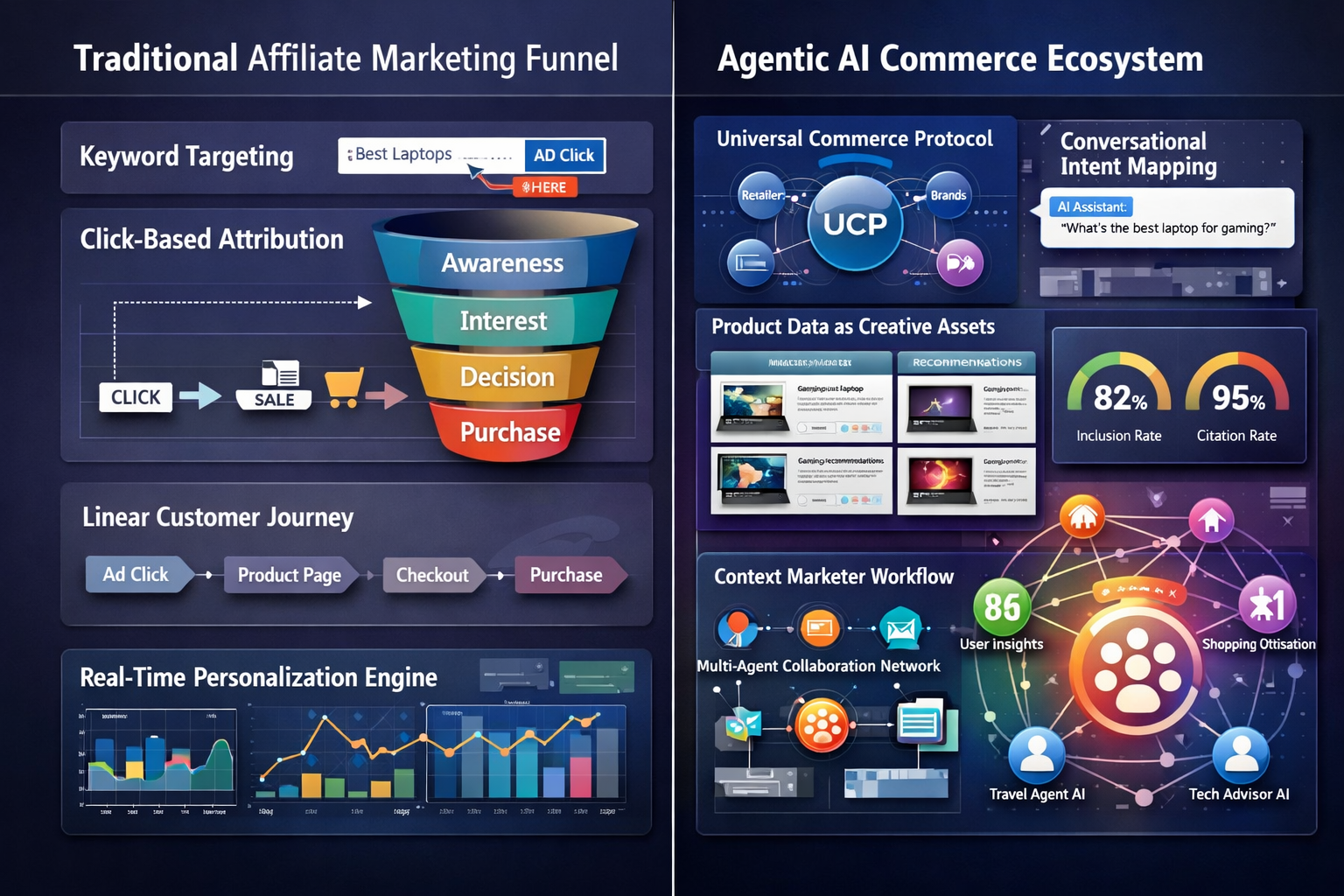 Detailed landscape format (1536x1024) visualization comparing traditional affiliate marketing funnel versus agentic AI commerce ecosystem. S