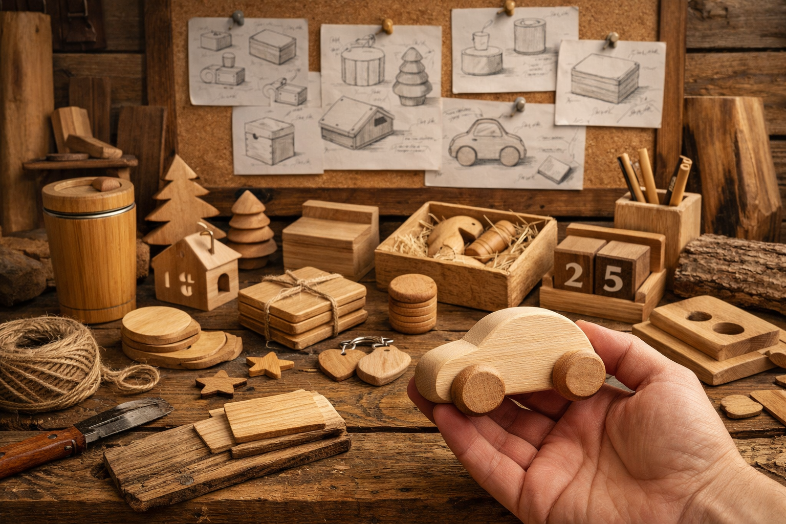 Detailed () image showing a rustic workbench laden with various stages of eco-friendly wooden gift prototypes for the