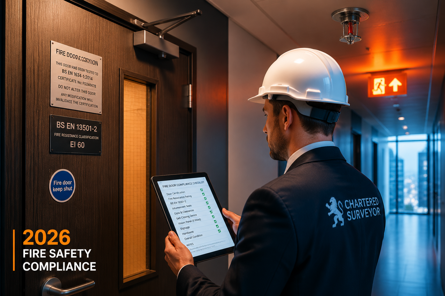 Wide-angle editorial photograph of a professional chartered surveyor in a suit and hard hat examining a fire door in a