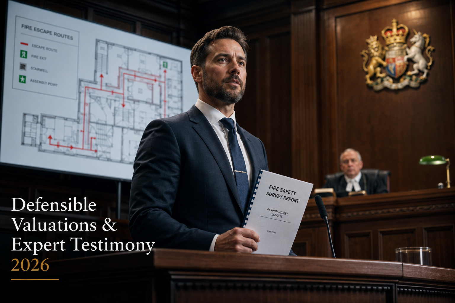Courtroom-style editorial photograph taken from a low angle showing a professional expert witness surveyor standing at a