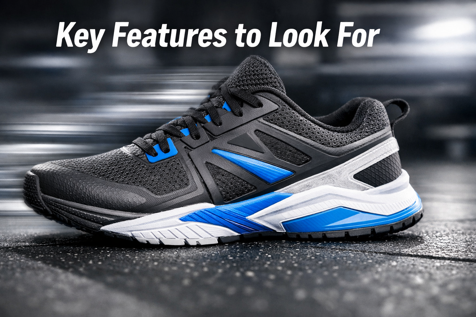 Detailed landscape format (1536x1024) image showing a close-up side profile of a high-performance cross-training shoe on a rubber gym floor, with motion blur effect suggesting explosive lateral movement, bright studio lighting highlighting the shoe's cushioned midsole, lateral support panels, and grippy outsole. Text overlay reads 'Key Features to Look For' in bold white sans-serif. Color palette: charcoal, electric blue, white. Editorial fitness magazine style, sharp product photography quality.