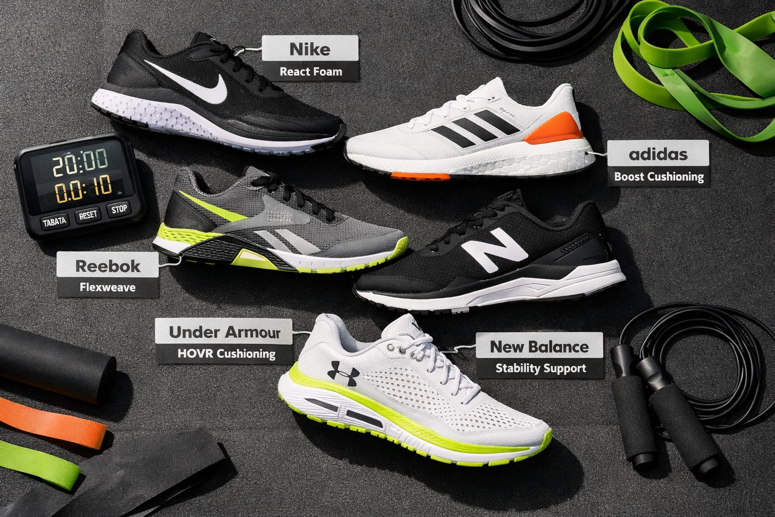 Detailed landscape format (1536x1024) flat-lay overhead shot of five different athletic training shoes arranged in a fan pattern on a dark matte gym mat, each shoe labeled with a small tag showing brand name and key feature. Surrounding props include a Tabata interval timer, resistance bands, and jump rope. Bright natural lighting with clean shadows. Color palette: black, white, with pops of neon green and orange. Product comparison editorial style, crisp and detailed.