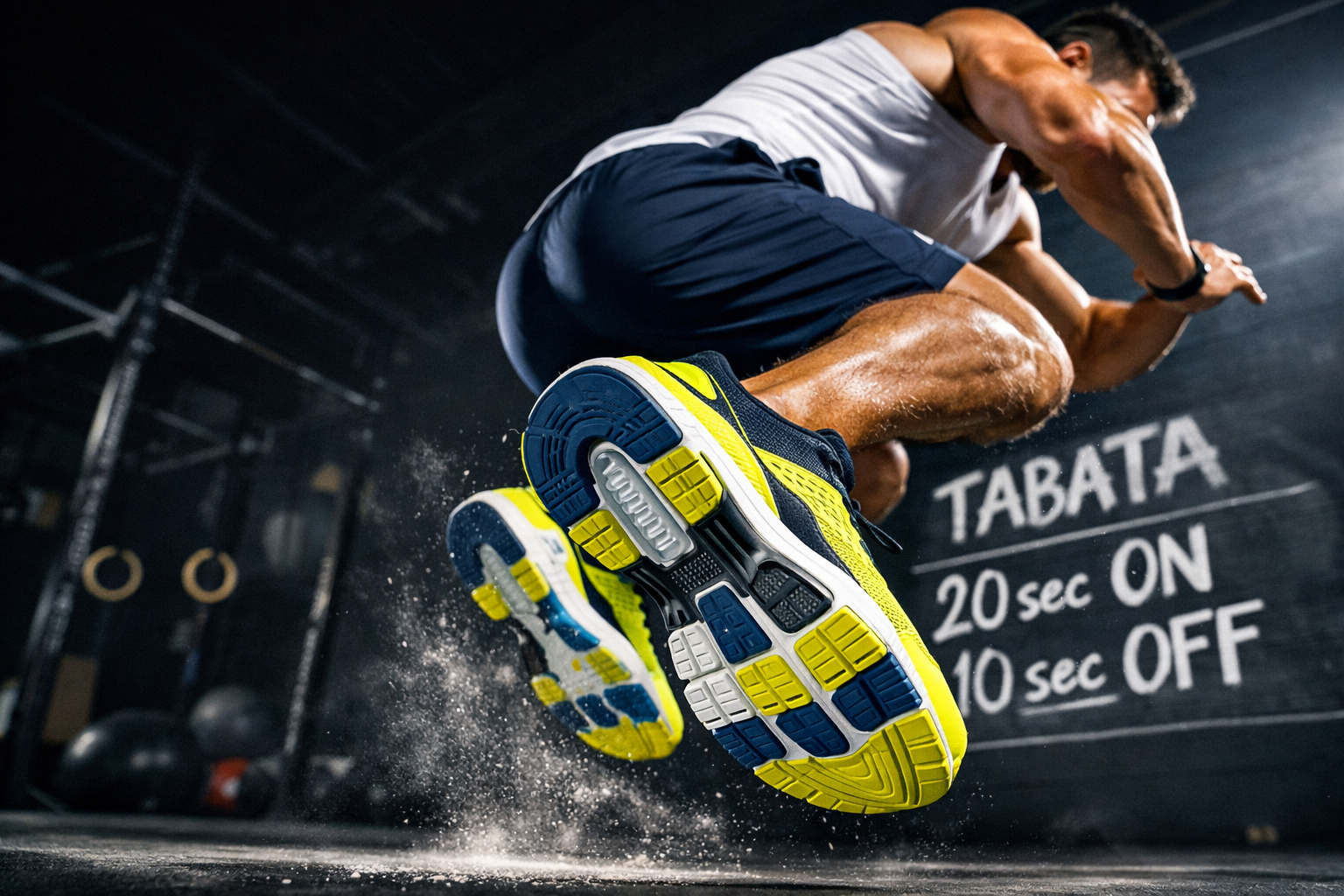 Detailed landscape format (1536x1024) image of a fit athlete mid-jump during a Tabata burpee set, captured from a low angle showing the sole and lower body, wearing bright cross-training shoes with visible cushioning technology. Gym background with motivational chalk board showing '20 sec on / 10 sec off'. Dynamic action photography, motion freeze effect, dramatic side lighting. Color palette: deep navy, white, vivid yellow. High-energy editorial fitness photography style.