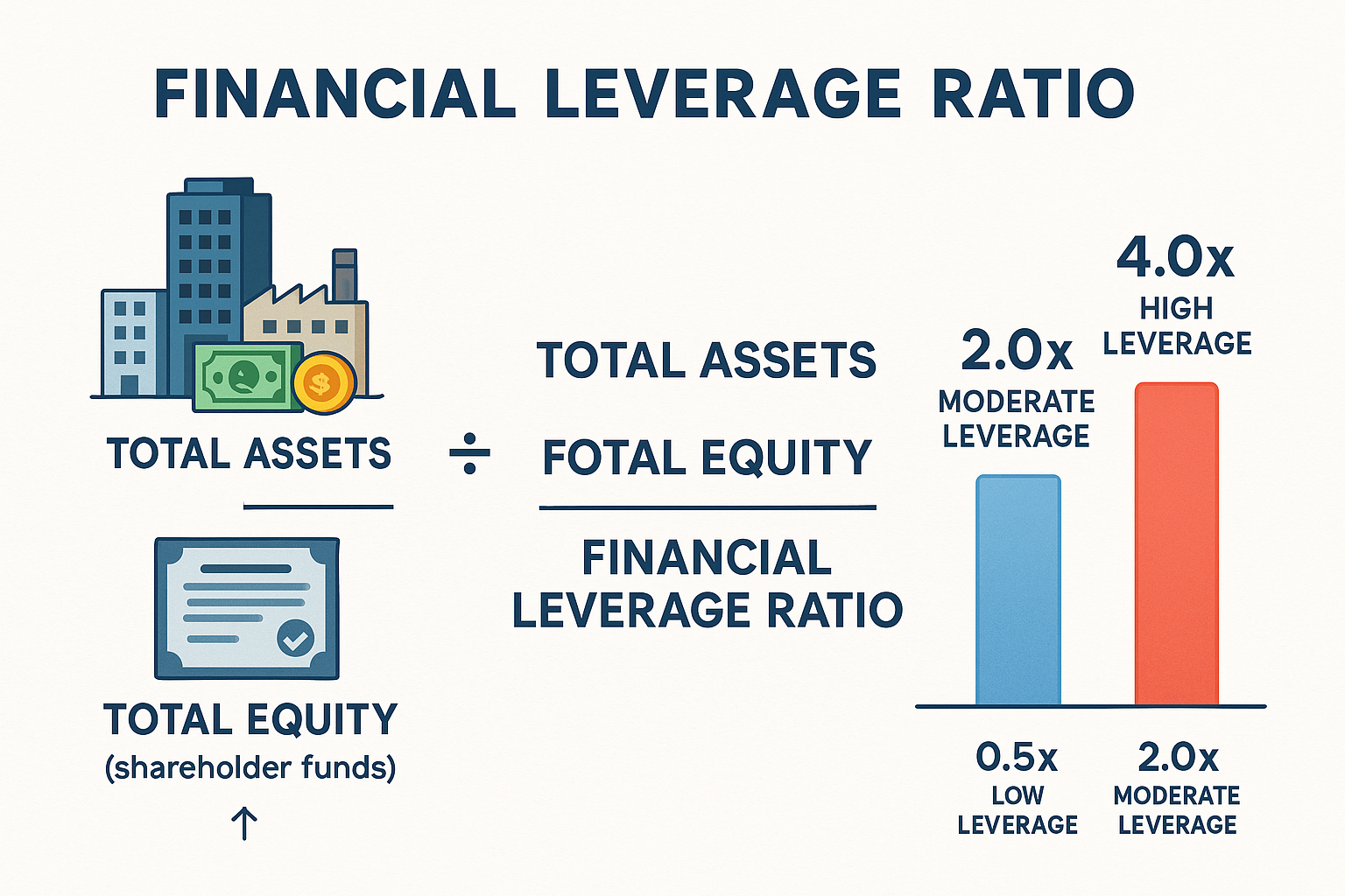 Detailed infographic illustration showing the Financial Leverage Ratio formula with visual breakdown: left side displays total assets icon (
