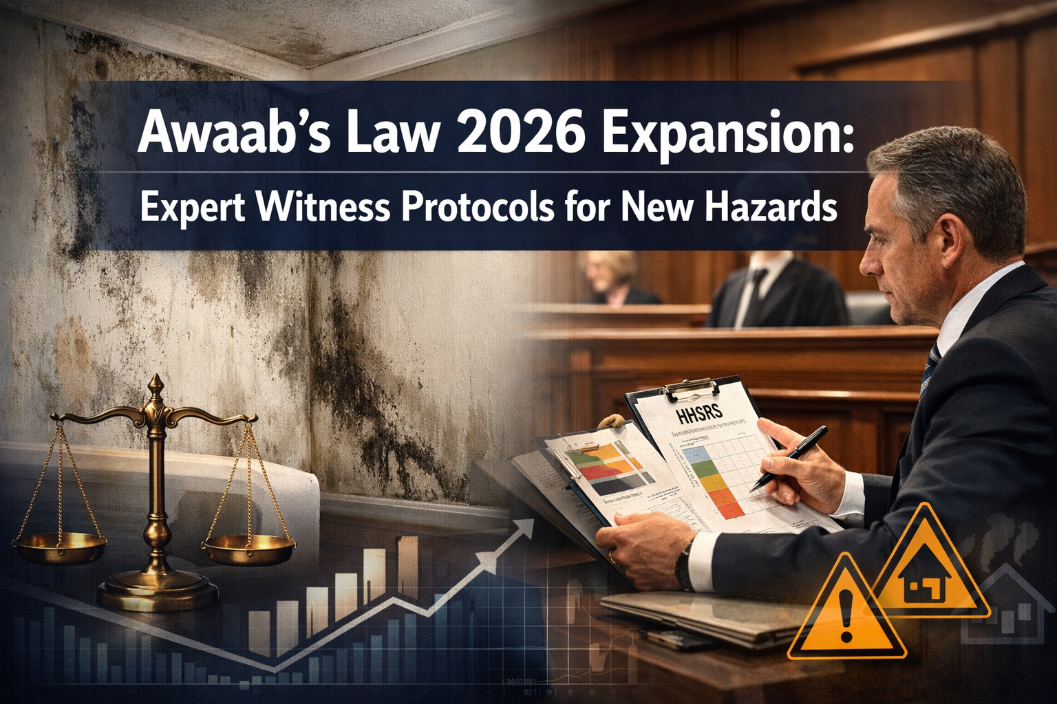 Professional () hero image featuring 'Awaab's Law 2026 Expansion: Expert Witness Protocols for New Hazards' in extra large