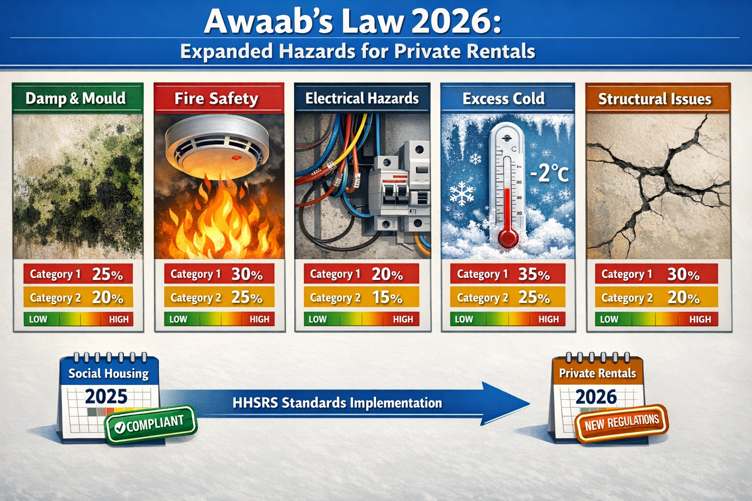 () detailed infographic showing expanded hazard categories under Awaab's Law 2026 for private rental sector. Central visual