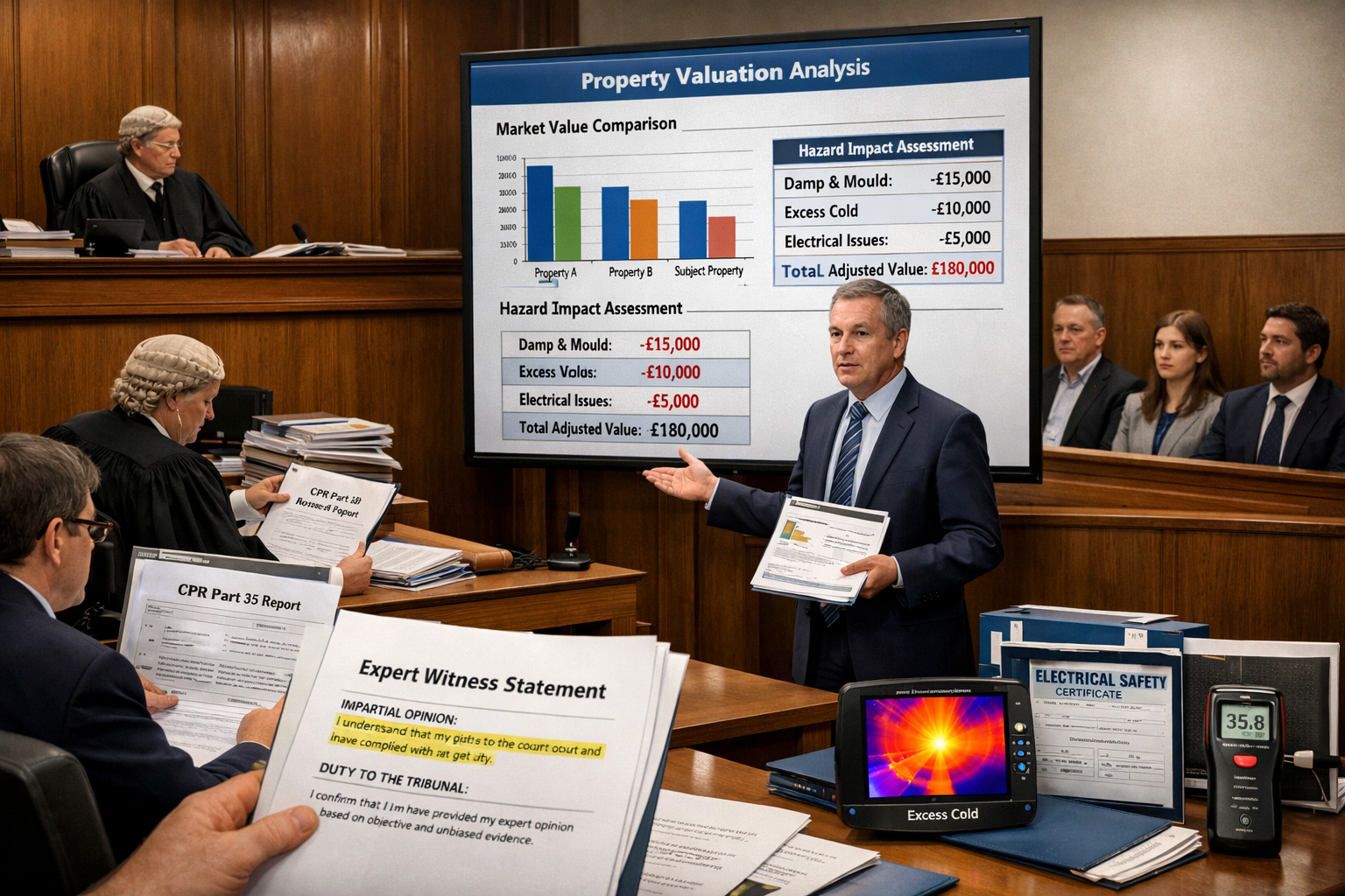 () courtroom scene showing expert witness testimony process for rental valuation disputes. Central focus on professional
