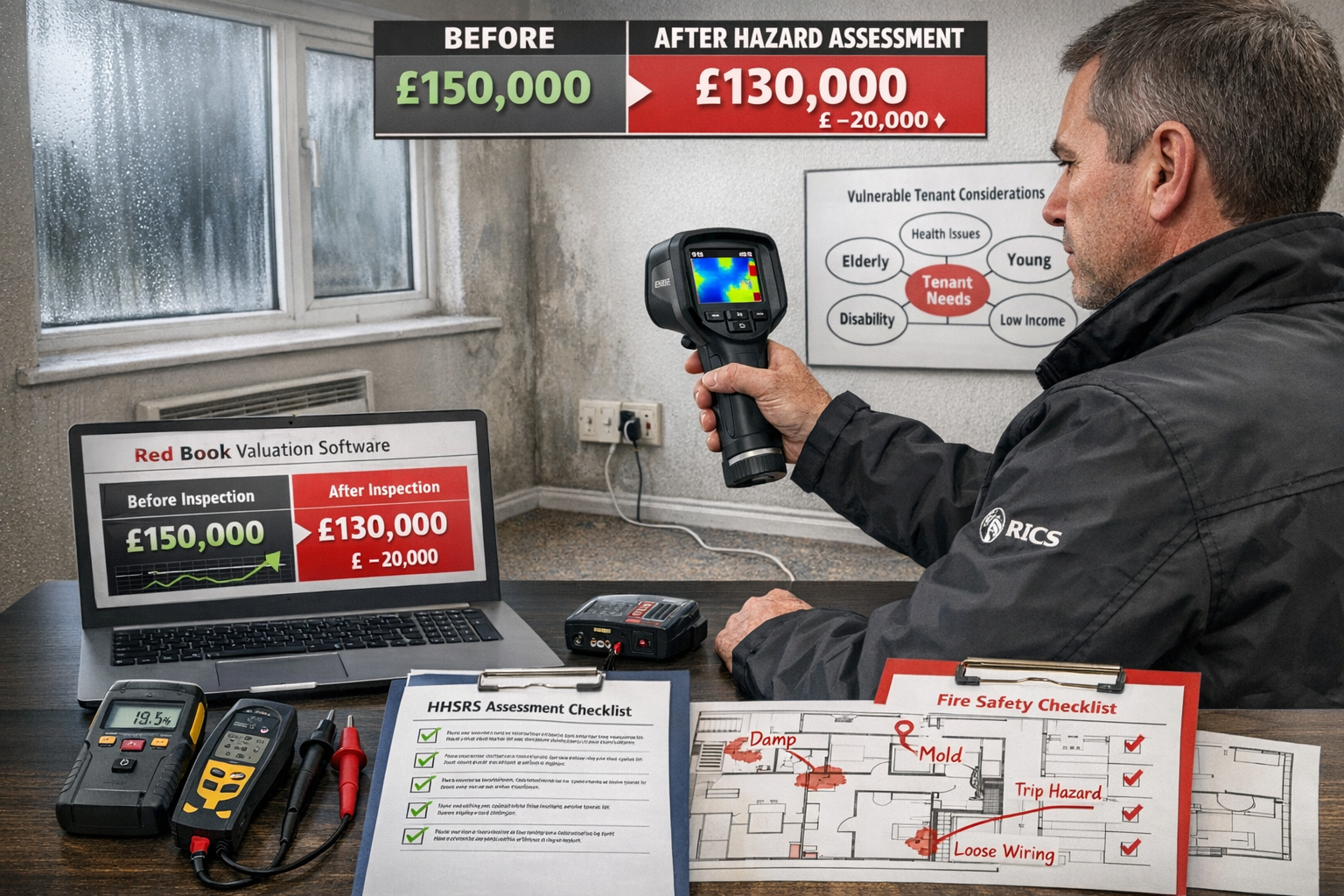 () professional property valuation assessment scene showing surveyor conducting comprehensive hazard inspection in rental