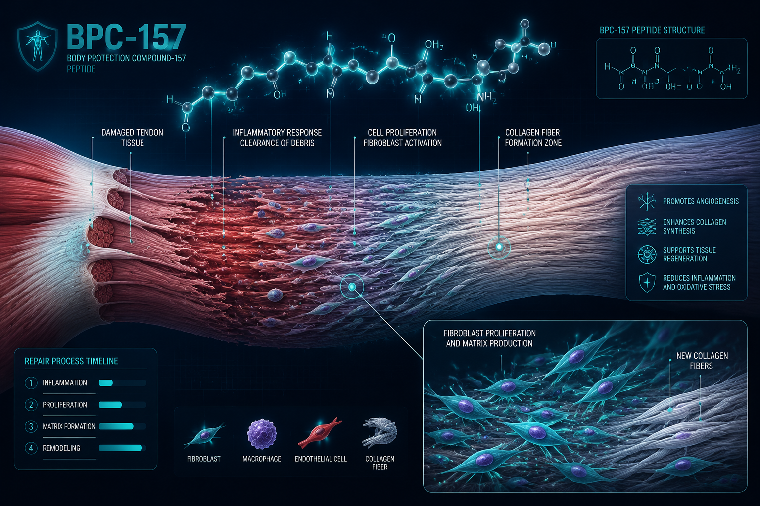 Detailed () scientific illustration showing a cross-section of tendon and muscle tissue undergoing repair, with BPC-157