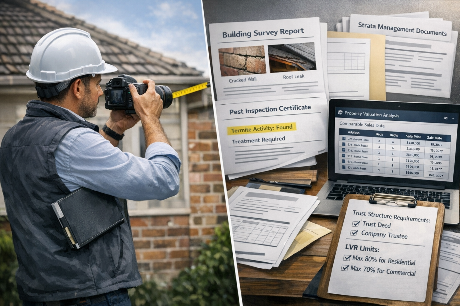 Detailed () image depicting comprehensive property assessment documentation process with multiple layers: building survey