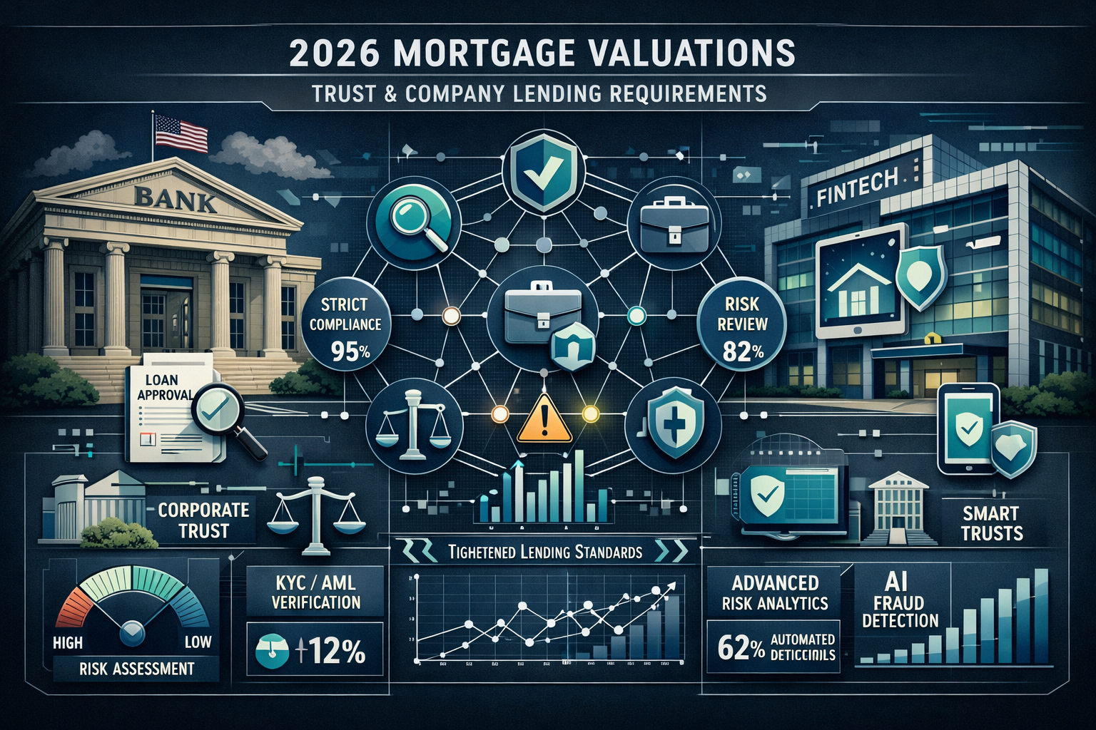 Split-screen editorial infographic visualizing 'Trust and Company Lending' requirements for 2026 mortgage valuations. Left