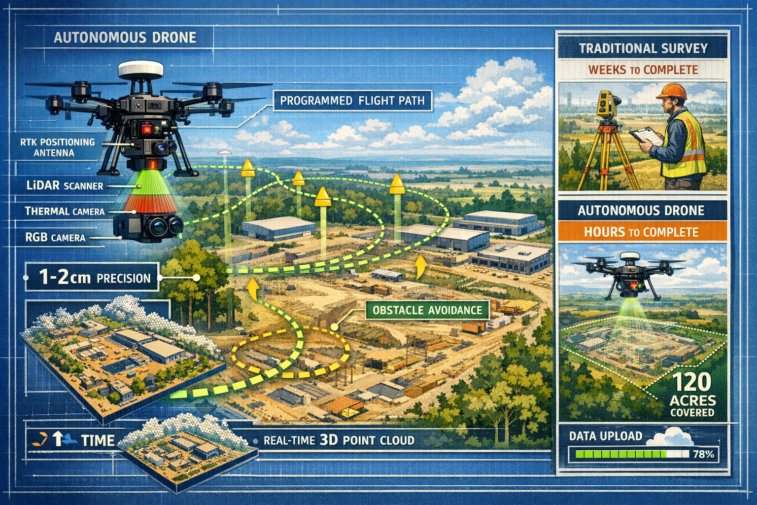 Detailed landscape format (1536x1024) image showing cutaway technical illustration of autonomous drone flight system in action over large co