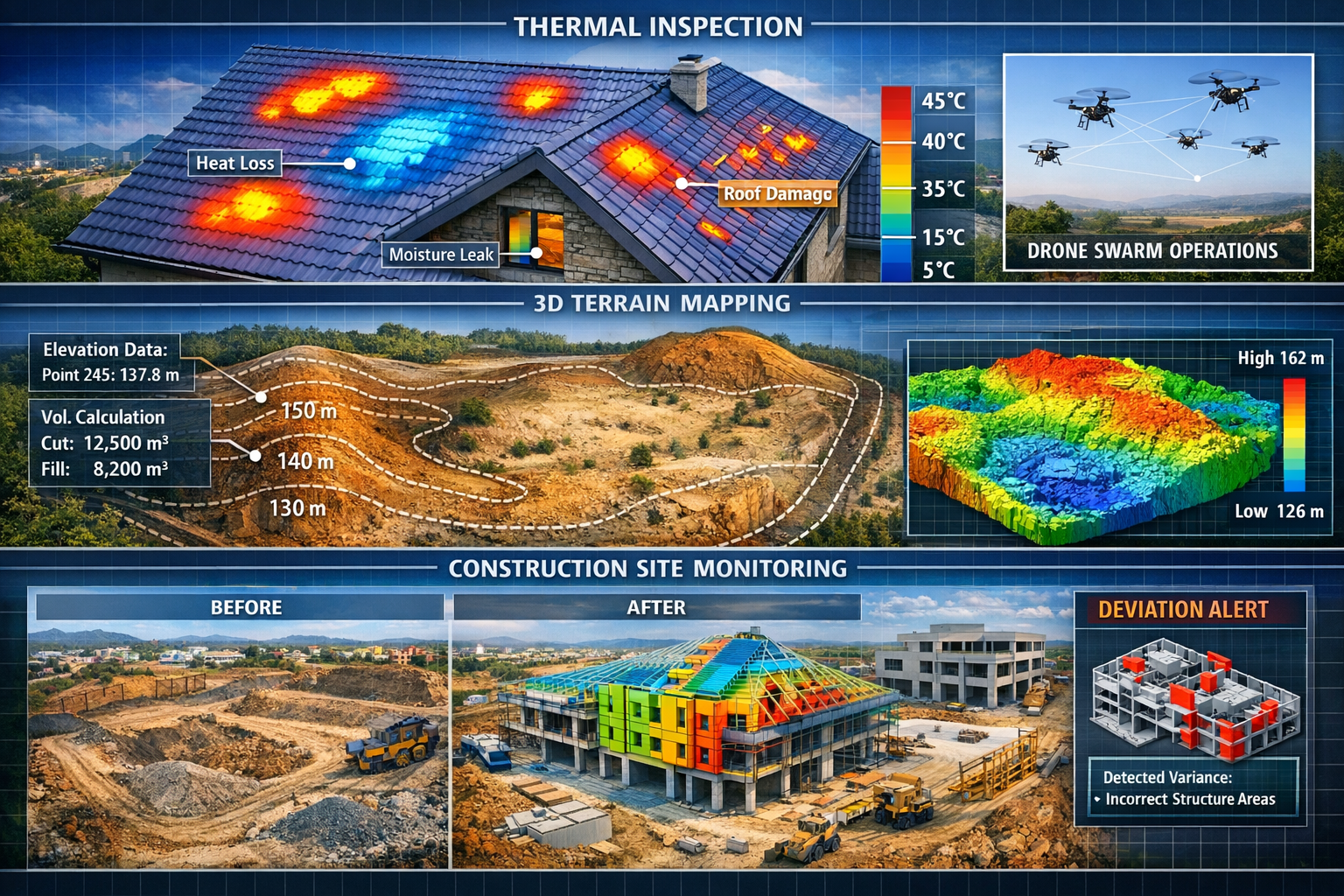 Detailed landscape format (1536x1024) image presenting comprehensive visual breakdown of autonomous drone applications across property surve