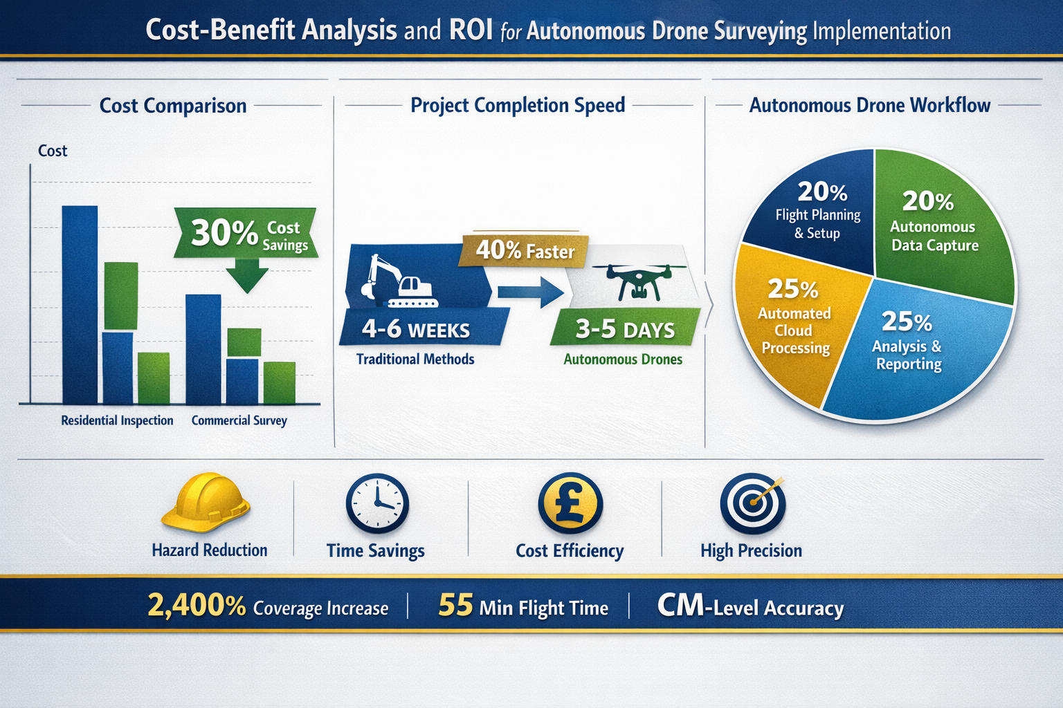 Detailed landscape format (1536x1024) image showcasing cost-benefit analysis and ROI dashboard for autonomous drone surveying implementation