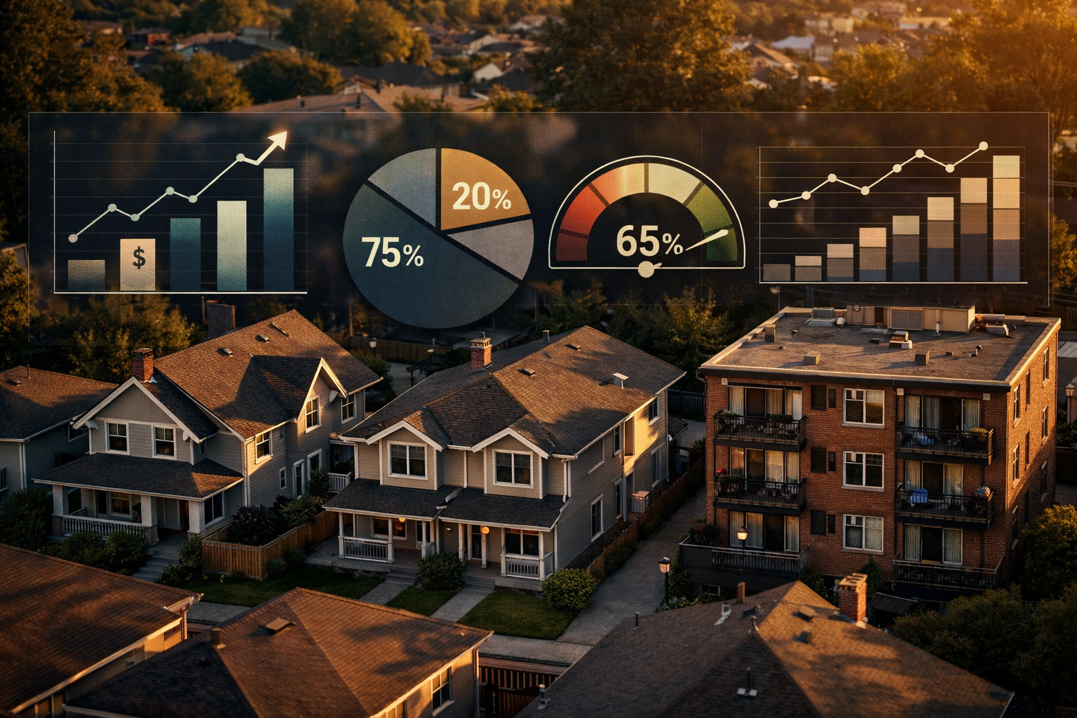 () showing a close-up aerial view of a row of diverse rental properties &mdash; single-family homes, duplexes, and a small