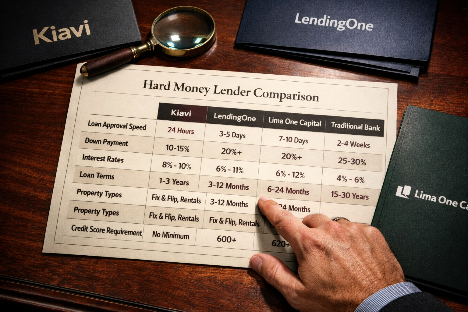 () showing a large comparison table rendered as a physical document on a mahogany desk, surrounded by branded lender folders
