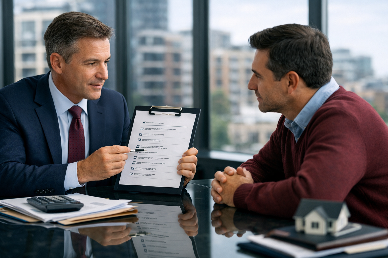 () showing a financial advisor sitting across from a real estate investor at a glass conference table, both reviewing a