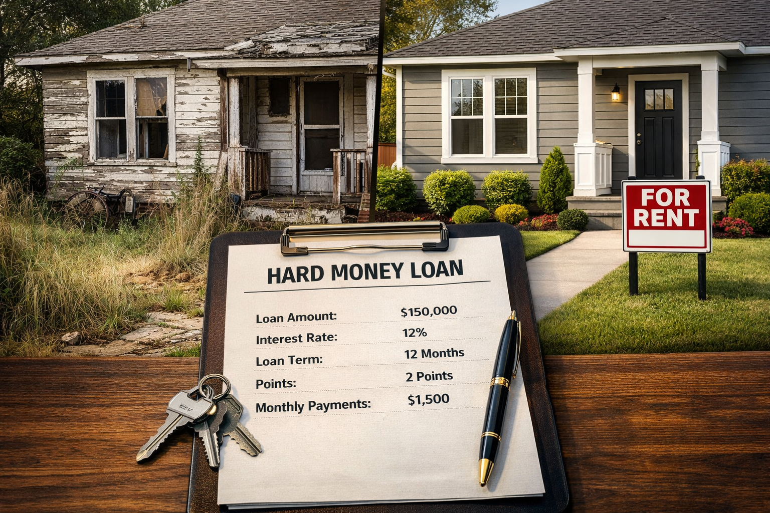 () showing a split-scene composition: on the left, a distressed fixer-upper property with peeling paint and overgrown yard;