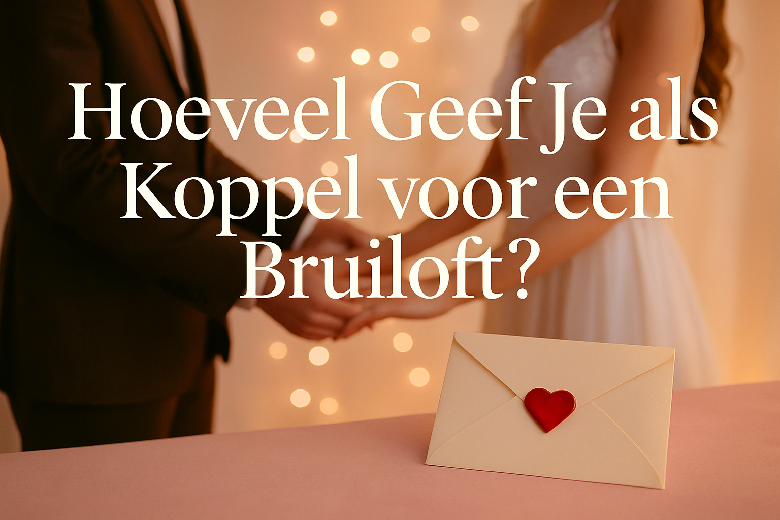 Professional landscape hero image (1536x1024) featuring bold text overlay "Hoeveel Geef Je als Koppel voor een Bruiloft?" in extra large 72p