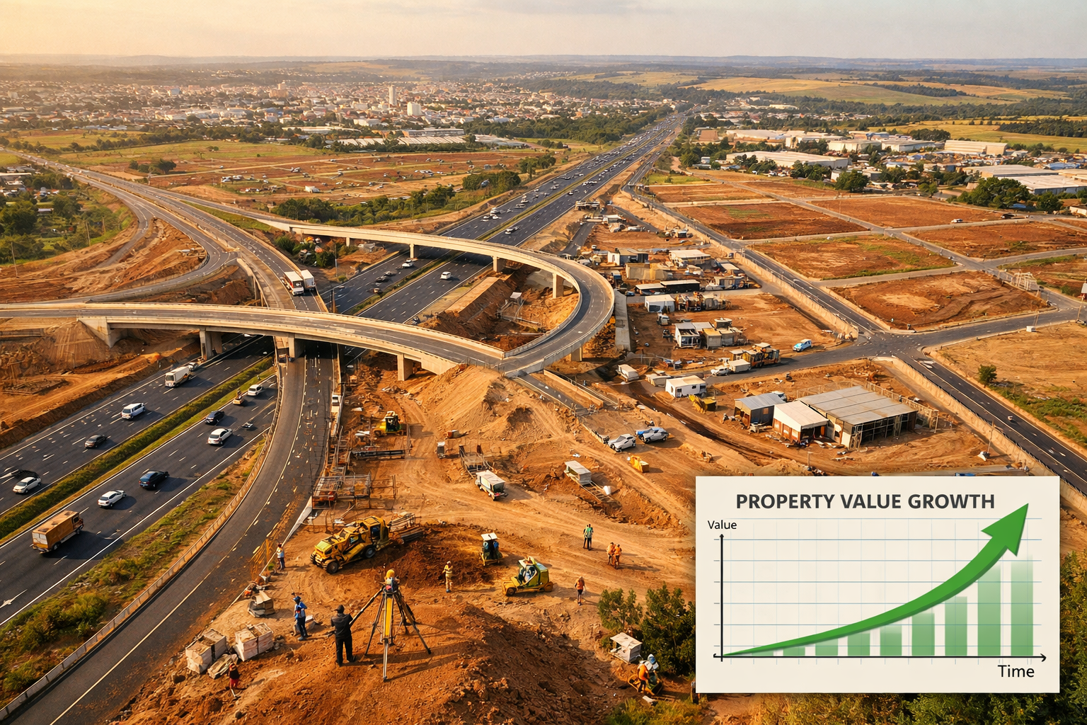 Wide-angle aerial photograph of a major Brazilian highway interchange under construction near an inland secondary city,