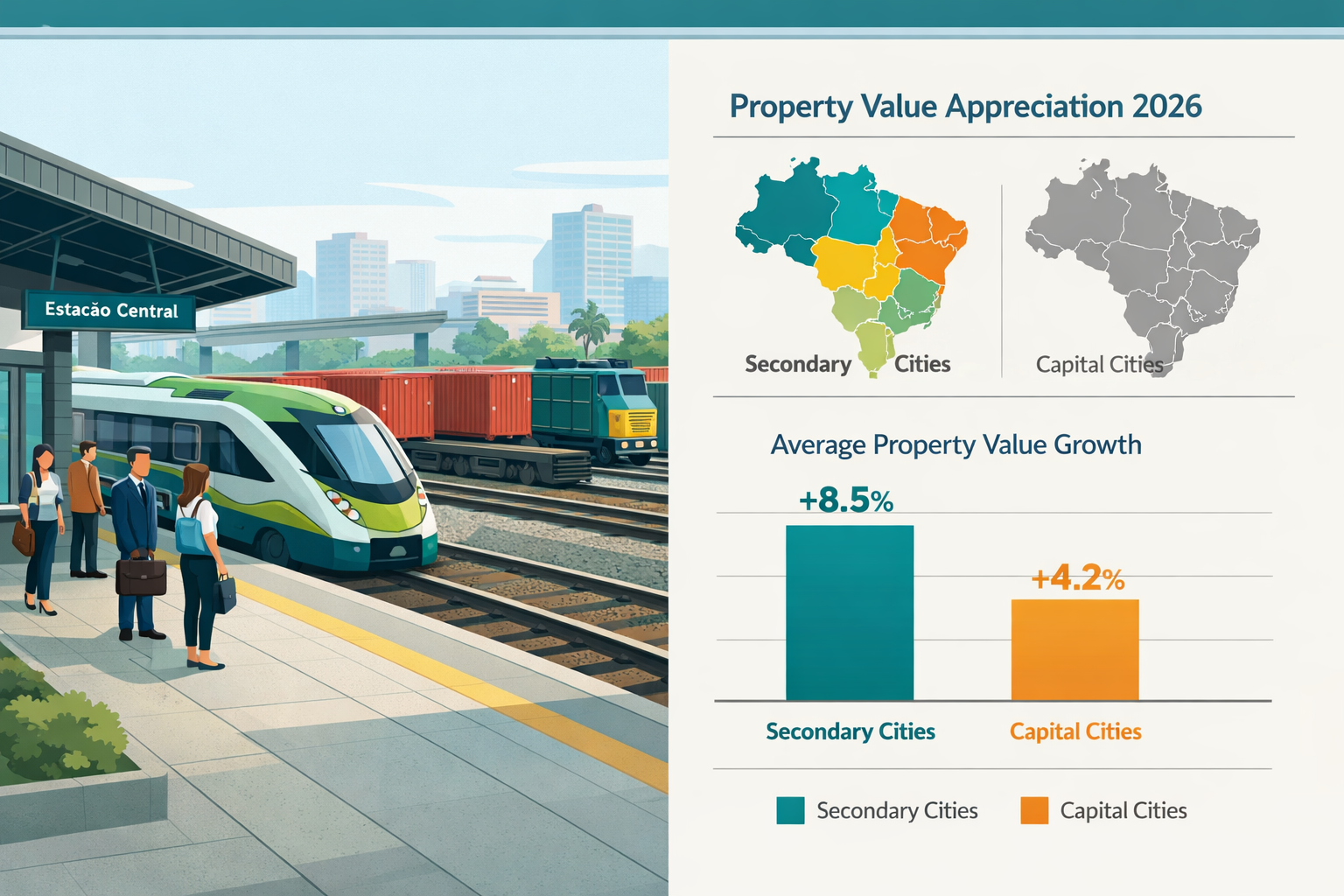 Split-panel infographic illustration showing left side: a modern railway station in a Brazilian secondary city with