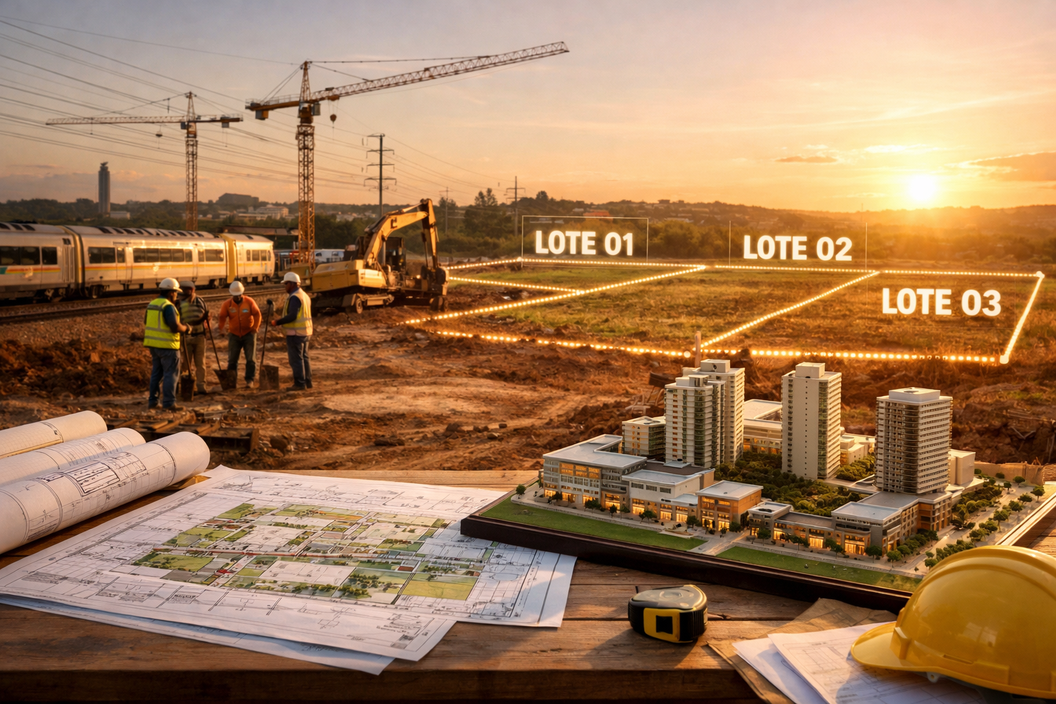 Ground-level perspective photograph of a mixed-use real estate development breaking ground adjacent to a new rail corridor
