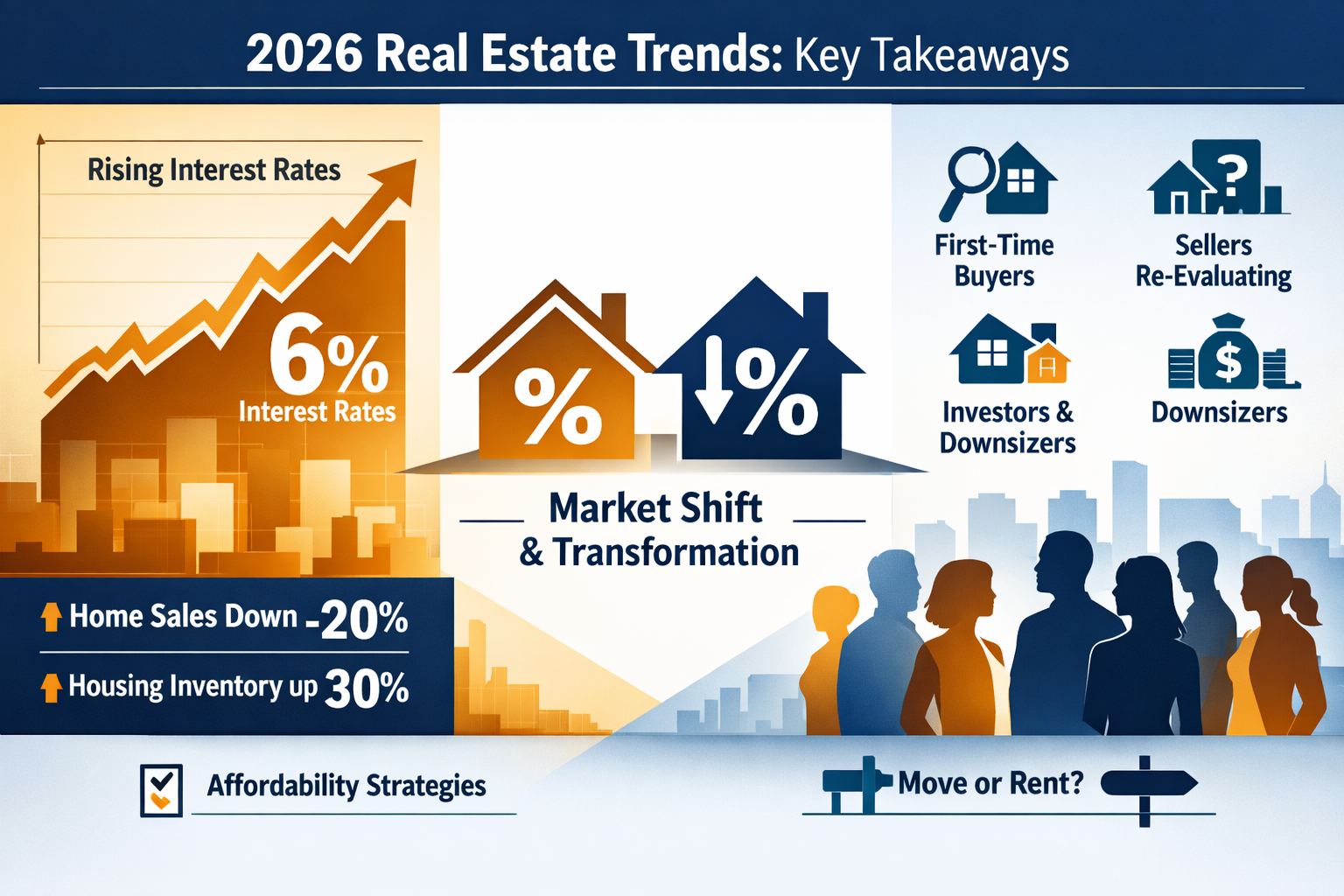 Landscape editorial infographic for '2026 Real Estate Trends: Key Takeaways' featuring a dynamic split-screen visualization. Left side displ