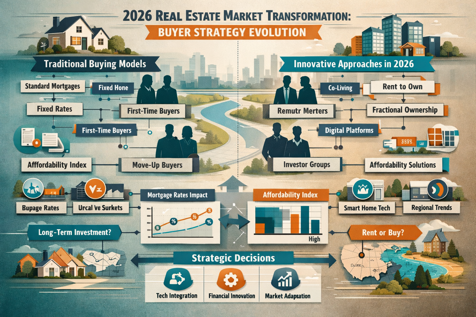 Buyer strategy visualization for '2026 Real Estate Market Transformation' featuring a panoramic landscape showing evolving housing market st
