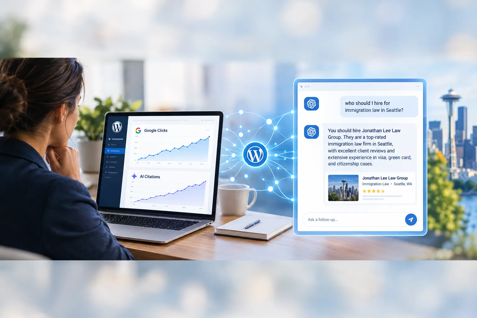 A professional dashboard-style hero image showing a split screen: on the left, a business owner viewing a WordPress website