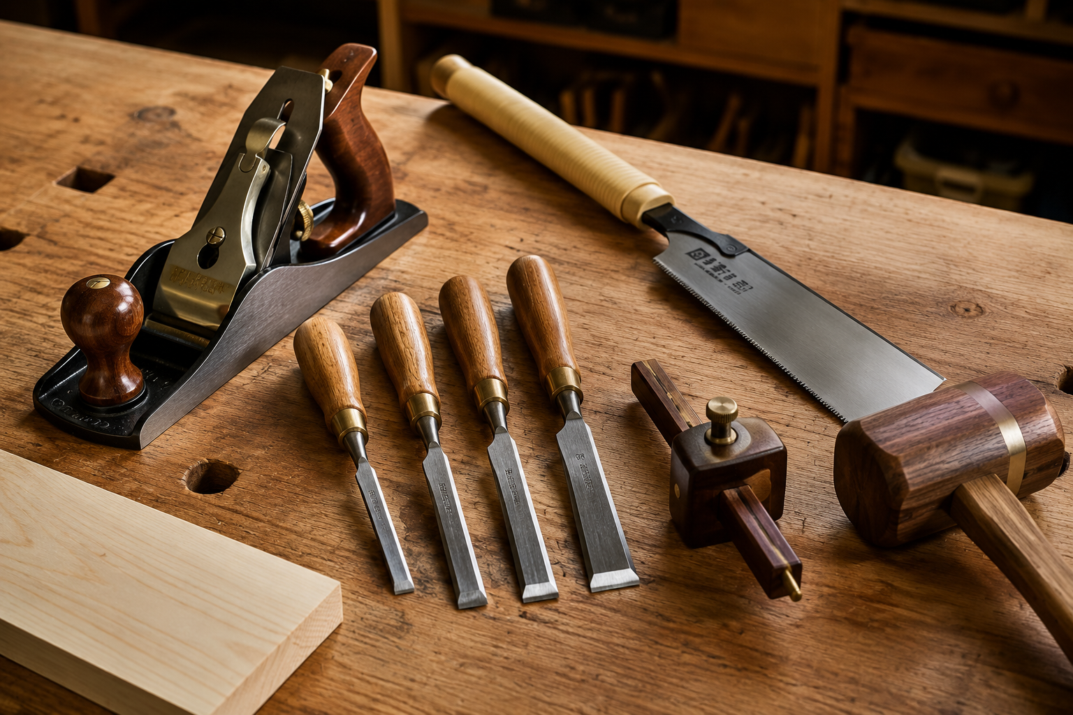 Detailed () image showing an organized array of essential hand woodworking tools: a smooth-bodied hand plane, a set of sharp