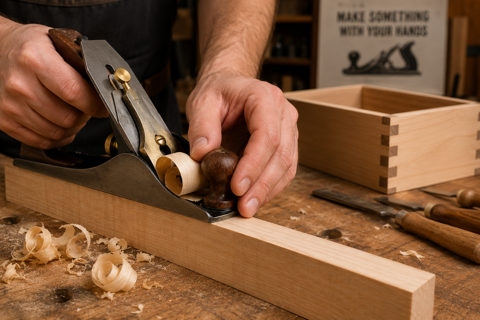 Detailed () image capturing a pair of hands demonstrating a fundamental woodworking technique: using a hand plane to shave a