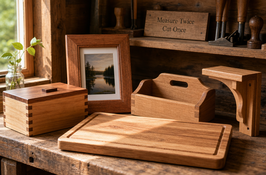 Detailed () image featuring several simple, completed hand tool woodworking projects displayed on a rustic wooden shelf.