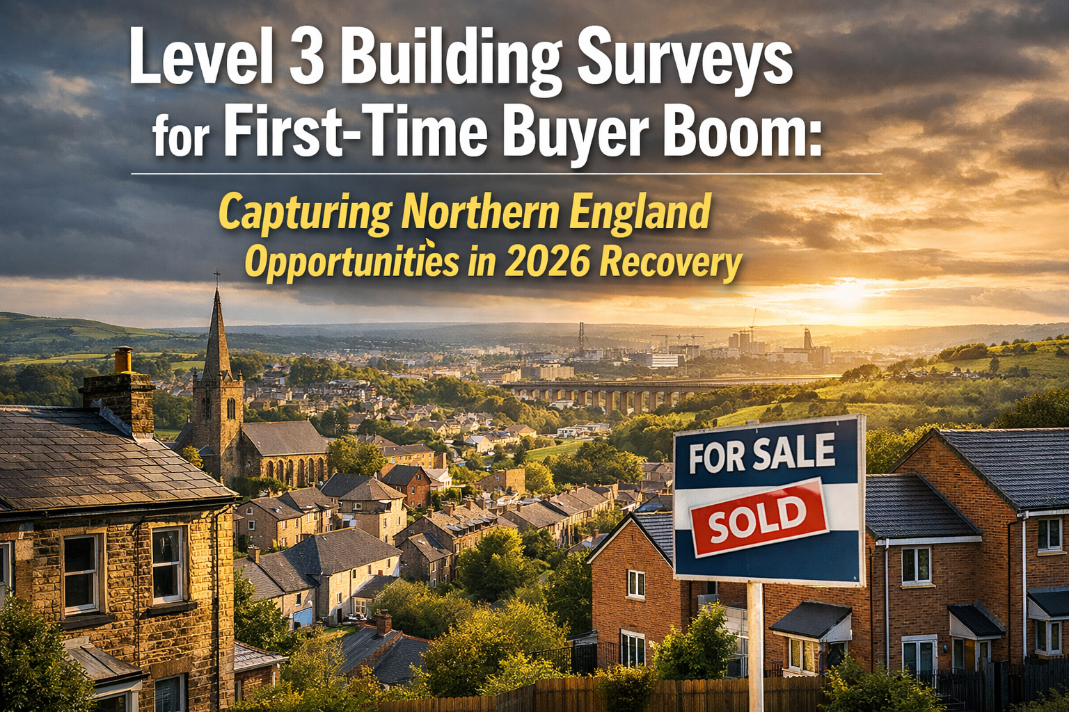 Professional landscape hero image () with : "Level 3 Building Surveys for First-Time Buyer Boom: Capturing Northern England