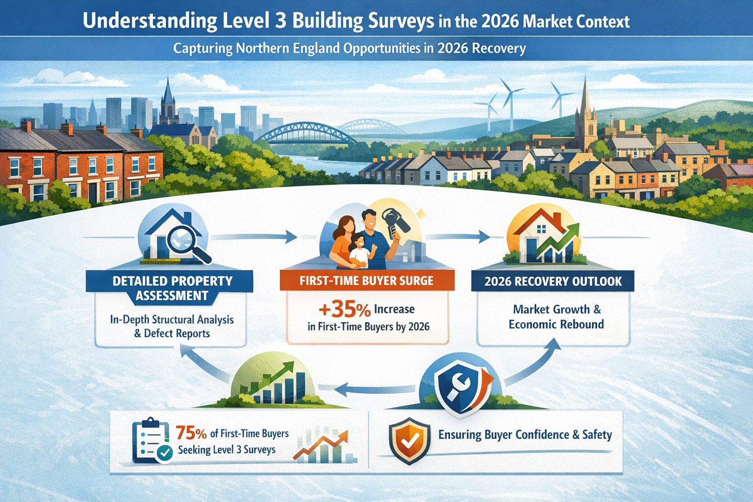 Professional landscape infographic () for article "Level 3 Building Surveys for First-Time Buyer Boom: Capturing Northern