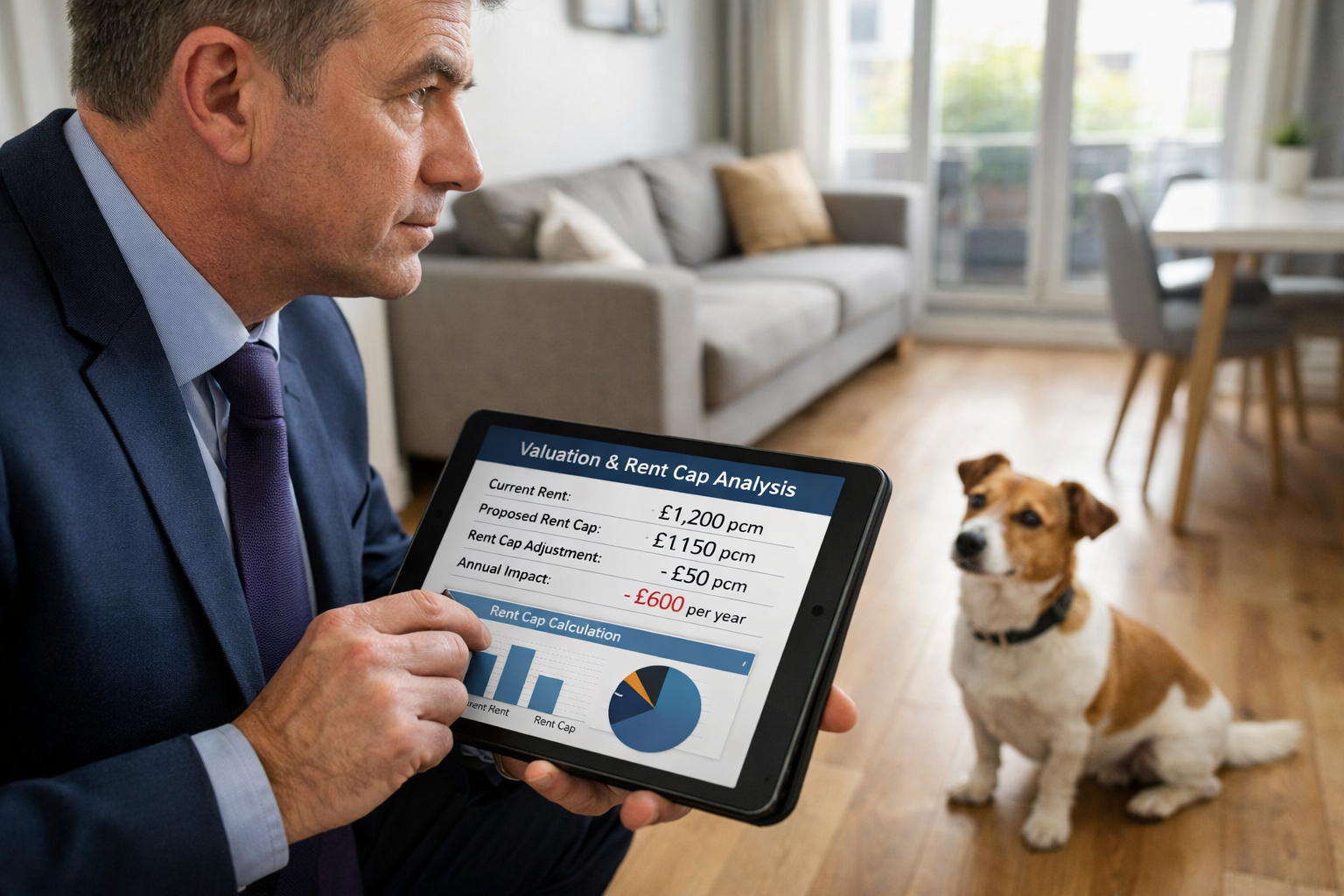 () editorial image showing professional RICS chartered surveyor in business attire conducting property inspection inside